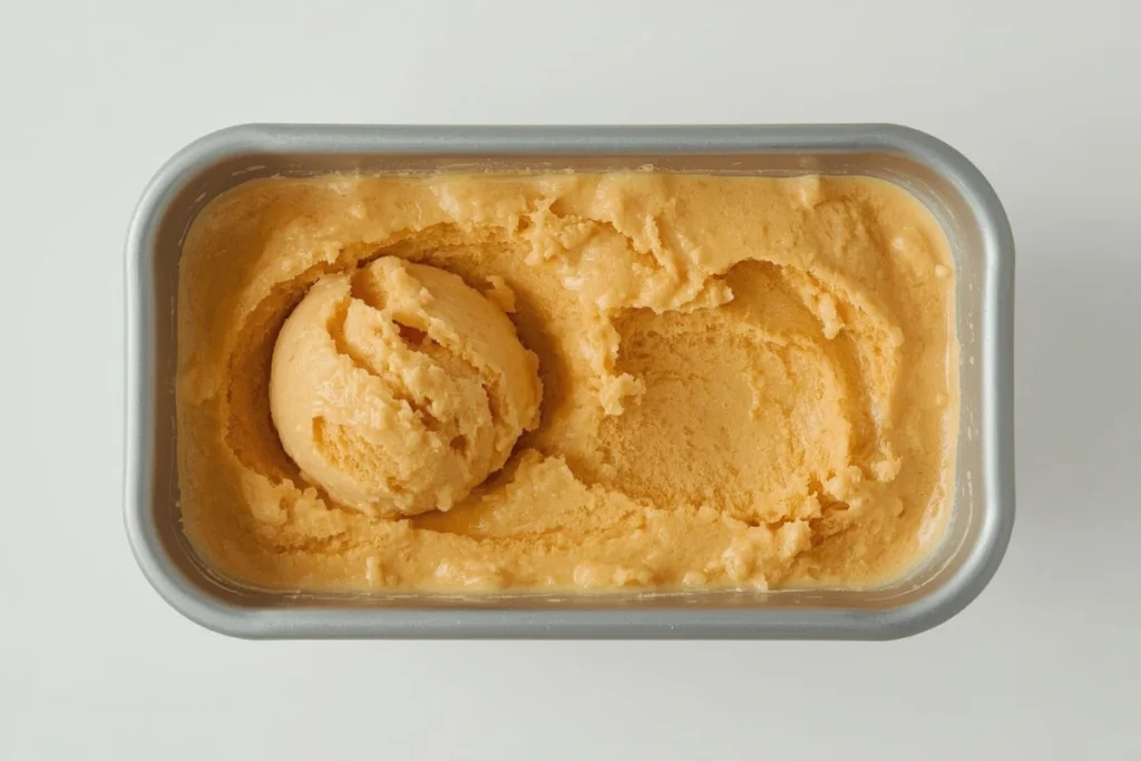 A full container of frozen homemade healthy pumpkin ice cream with parchment paper on top, ready for storage.