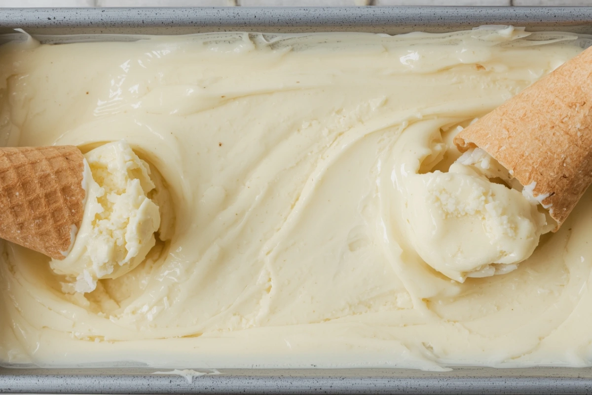 Close-up of homemade pineapple coconut ice cream in a pan with waffle cones, showing creamy texture.