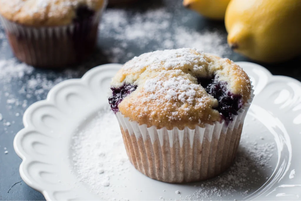 Perfect golden lemon blueberry muffin with a domed top and sparkling sugar.