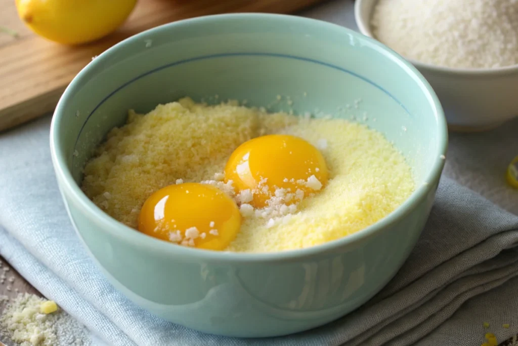 Two raw eggs added to lemon zest and sugar for lemon blueberry muffins.