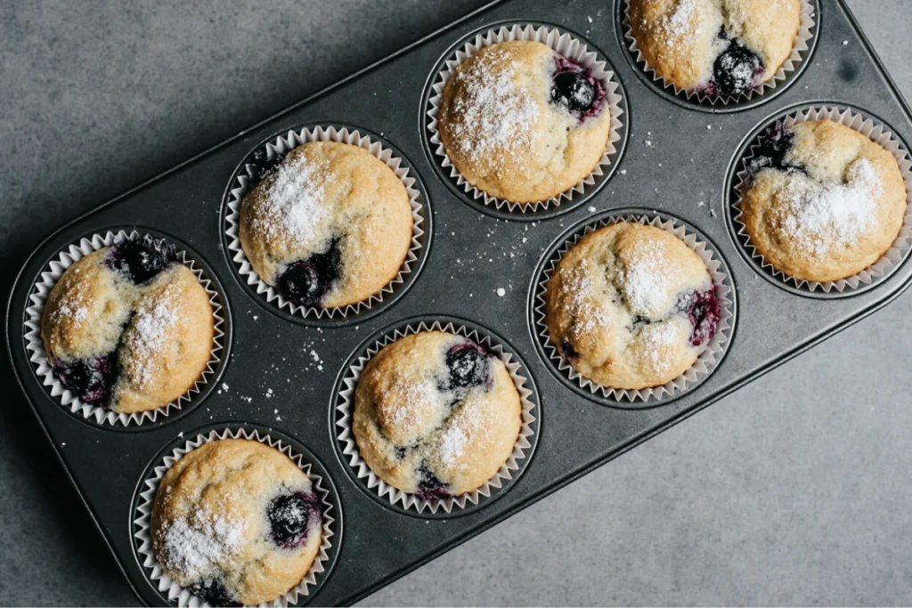Freshly baked lemon blueberry muffins cooling in a metal muffin tin.