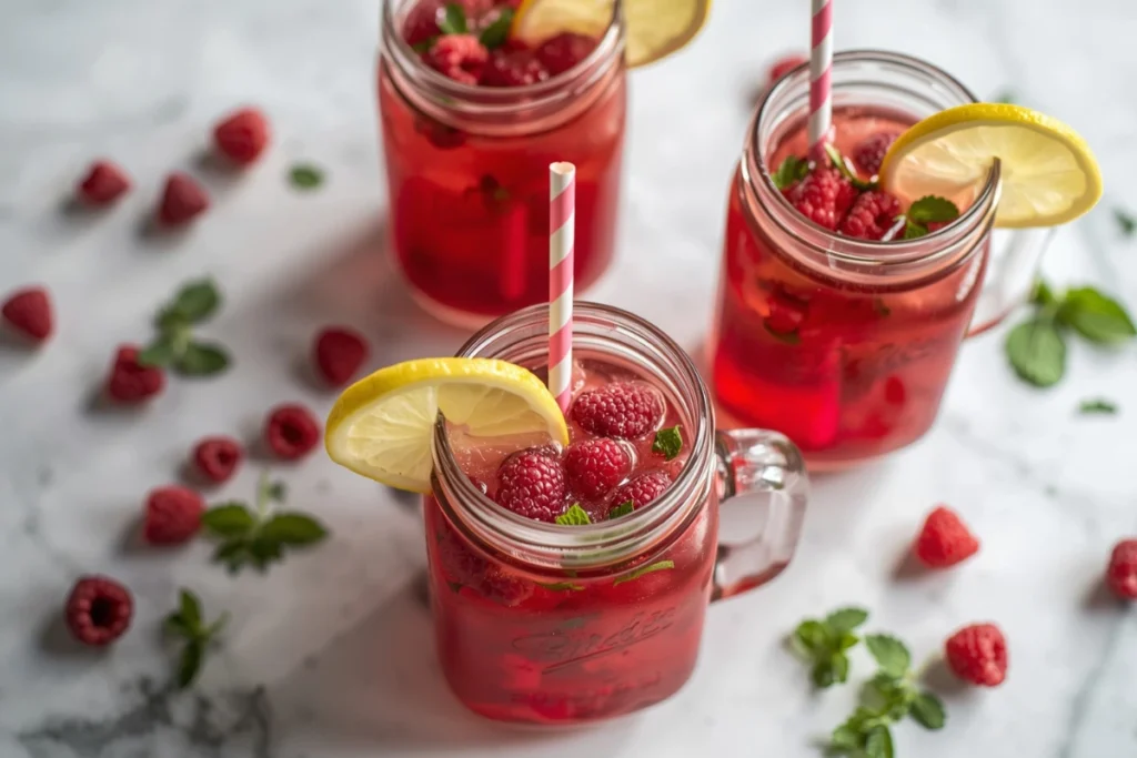 Three glasses of homemade raspberry lemonade recipe with fresh berries, lemon, and mint.