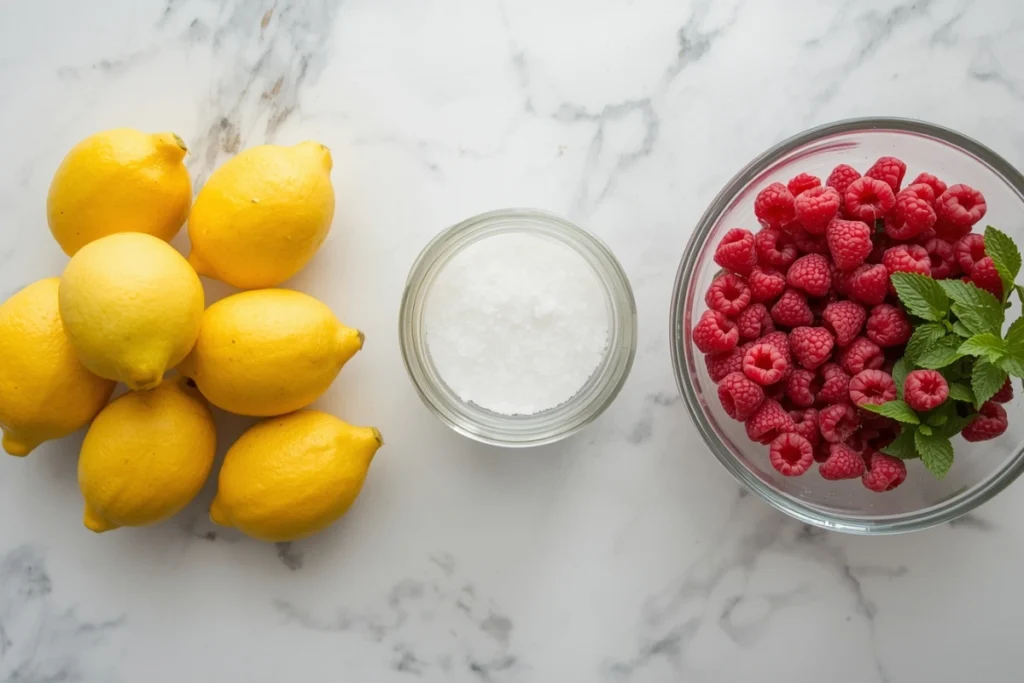 Ingredients for raspberry lemonade recipe: fresh lemons, raspberries, sugar, and mint.