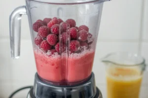 Manual juicer extracting fresh lemon juice for raspberry lemonade recipe preparation.