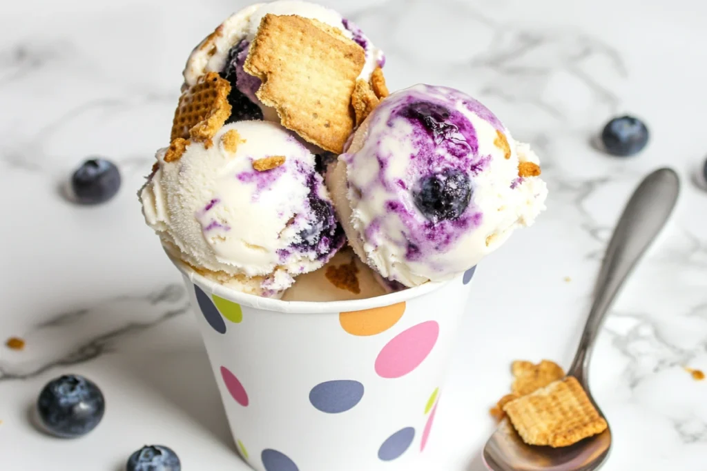 Generous scoops of blueberry ice cream cheesecake in a vibrant polka-dotted cup, ready to enjoy.