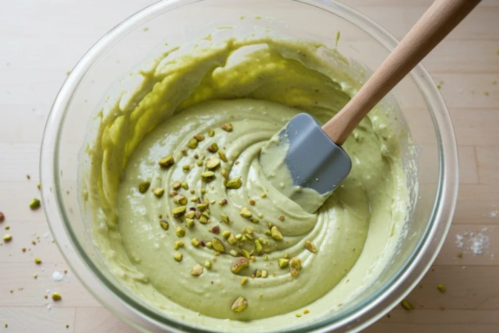 Thick, light green pistachio muffin batter in a clear glass bowl with a gray spatula, ready for baking.